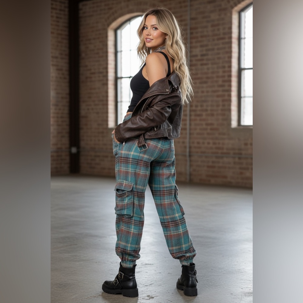 Plush Plaid Cargo Jogger Pants - Teal Plaid - Picture 2 of 6